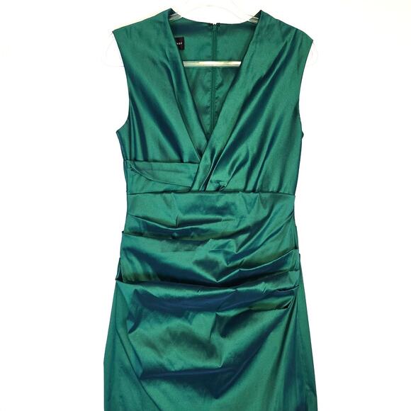 Talbot Runhoff Long Gown Sleeveless Faux Wrap Top Ruched Front Green Shimmer 12 - Picture 4 of 12